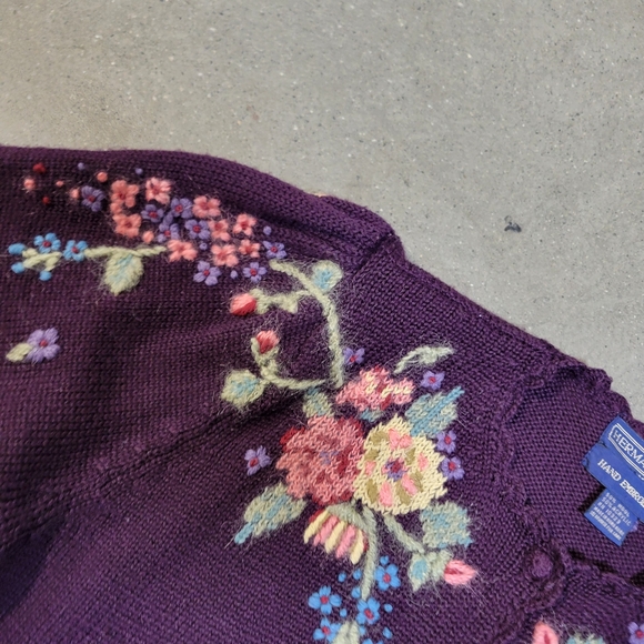 Herman Geist Button Down Cardigan Hand Embroidered Wool Sweater Plum Size M - Picture 13 of 16
